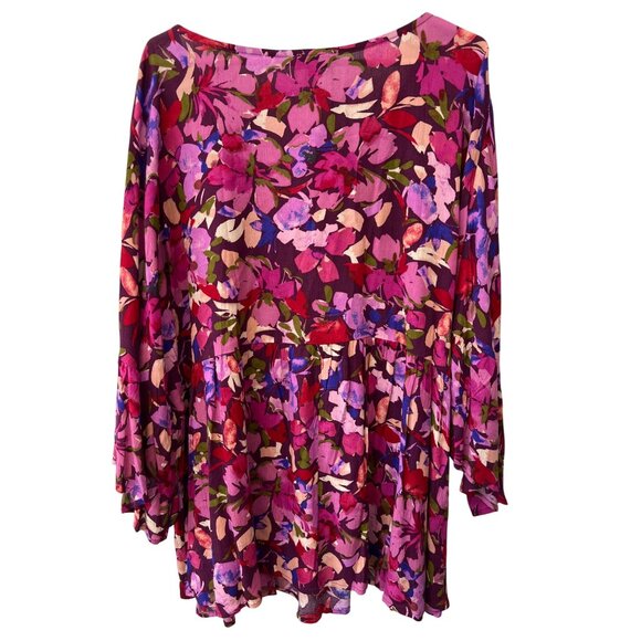 Andrée By Unit V Neck Floral Tunic Top Plus Size 2X Bell Sleeve Purple Multi NEW - Picture 2 of 6